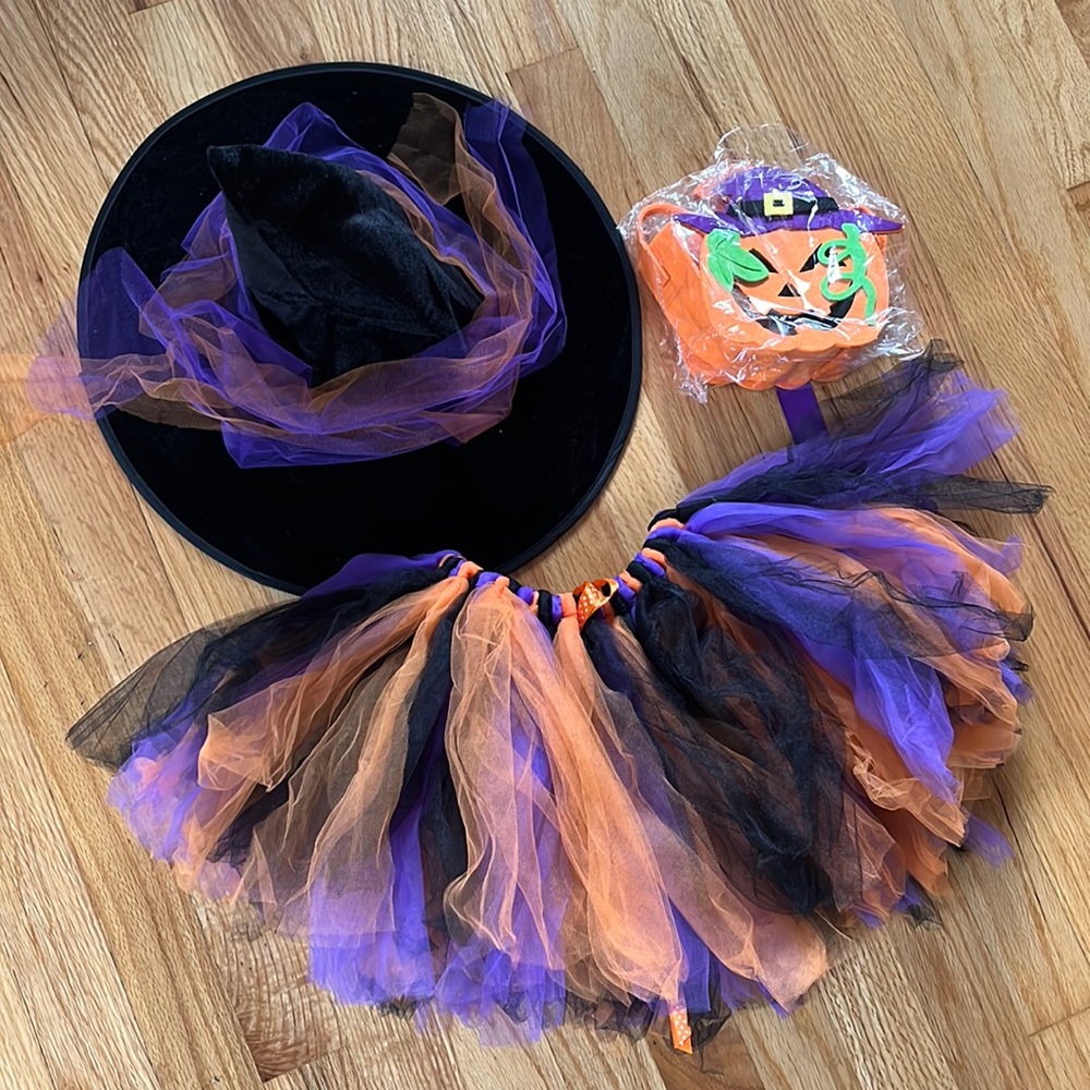 Halloween Witch Tutu Dress, Hat & Pumpkin Bag